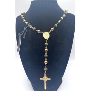 Anthony Jacobs Rosary Necklace Black Gold Beads Stainless Steel Cross 28"